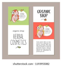 Herbal cosmetics. A set of templates with space for text. For the bio cosmetics store. A beautiful girl as an emblem. Vector linear illustration.