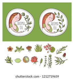 Herbal cosmetics. Vector hand drawn illustration for natural eco cosmetics store. A large set of ingredients for the production of natural cosmetics. Two emblems with a girl and an olive branch.