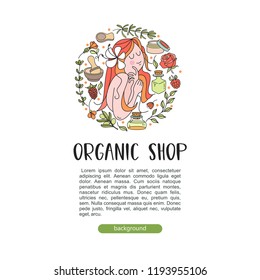 Herbal cosmetics.  Vector illustration. Beautiful girl, and a set of ingredients of natural cosmetics, factories, banks. All illustration elements are isolated and can be used independently in another
