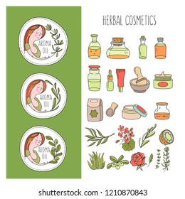 Herbal cosmeticsl. Vector hand drawn illustration for natural eco cosmetics store. A large set of jars with natural oils. Three emblems with a girl and a sprig of olive, rosemary and eucalyptus.