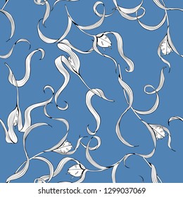 Herbal with curls retro pattern. Seamless blue vector.