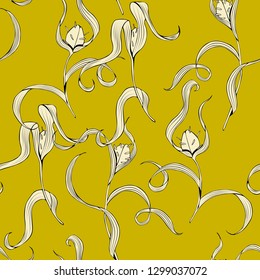 Herbal with curls retro pattern. Seamless mustard color vector.