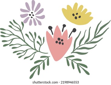 Herbal decoration element. Hand drawn cute flowers