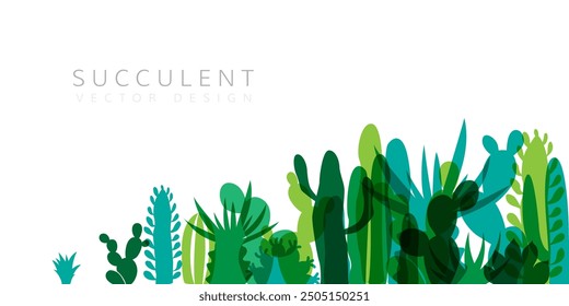 Herbal decorative banner. Vector background with plants design elements. Horizontal down border with succulent plants and cactuses.