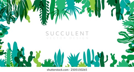 Herbal decorative banner. Vector background with plants design elements. Horizontal frame with succulent plants and cactuses and copy space.