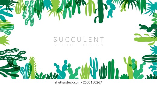 Herbal decorative banner. Vector background with plants design elements. Horizontal frame with succulent plants and cactuses and copy space.