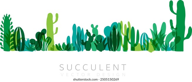 Herbal decorative banner. Vector background with plants design elements. Horizontal divider with succulent plants and cactuses.