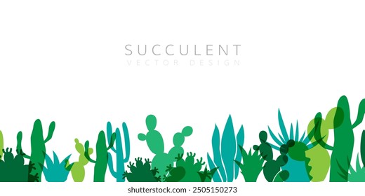 Herbal decorative banner. Vector background with plants design elements. Horizontal down border with succulent plants and cactuses.