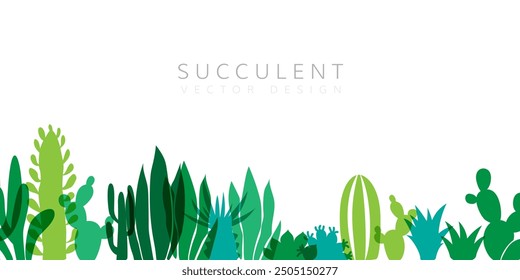 Herbal decorative banner. Vector background with plants design elements. Horizontal down border with succulent plants and cactuses.