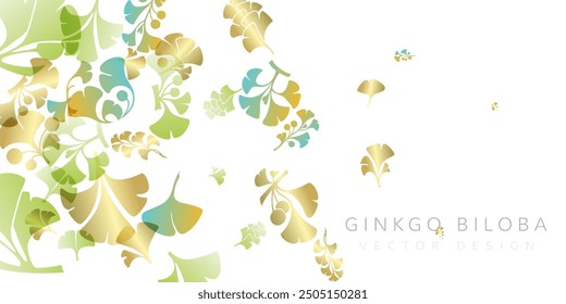 Herbal decorative banner. Vector background with plants design elements. Vertical border with falling ginkgo biloba leaves and branches.