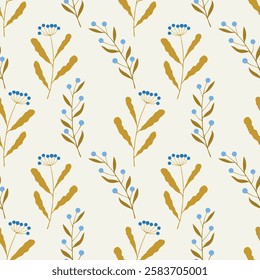 Herbal doodle botanical pattern, hand drawn gold twigs witn blue berries on beige background.