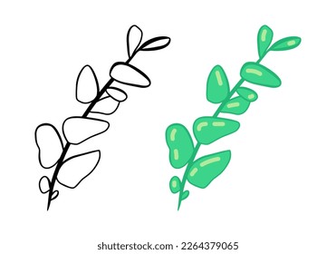 Herbal doodle eucalyptus branch icon, simple hand drawn sketch line art style, black and green branch botany set. Beauty elegant logo design element. Graphic isolated symbol drawing.