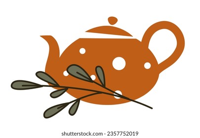 Herbal drink for breakfast or dinner, isolated ceramic pot with lid and handle with branch of mint. Tasty and aromatic beverage with healthy ingredients, vitamins and minerals. Vector in flat style