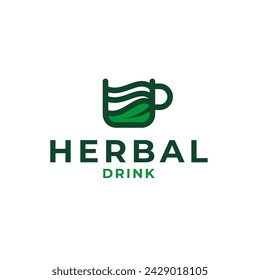 Herbal Drink Cup With Leaves Logo Design Concept Vector Illustration