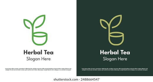 Ilustración de diseño de logotipo de bebida herbal. Silueta lineal de té de café caliente bebida herbal delicioso restaurante café eco herbal. Símbolo de icono simple minimalista minimalista geométrico abstracto de naturaleza orgánica.