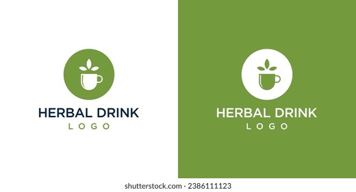 Herbal Drink Logo Designs. Cup and Leaves, Natural Matcha Tea, Icon Symbol Vector Illustration.