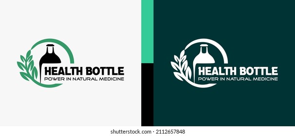 Herbal drink or traditional medicinal drink logo design template with creative style, bottle icon and leaf icon in a circle. vector premium health drink logo illustration