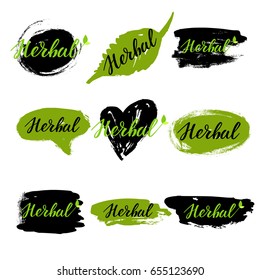 Herbal eco set: hand drawn logos, labels with spots. Vector illustration eps 10 for food, drink, restaurants, menu, markets, organic products, package. Brush lettering, calligraphy.