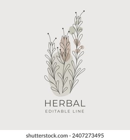 Diseño de línea editable herbal. Emblema herbario orgánico natural para cosméticos, farmacia, alimentos sanos. Ilustración del vector