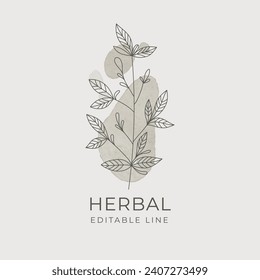 Diseño de línea editable herbal. Emblema herbario orgánico natural para cosméticos, farmacia, alimentos sanos. Ilustración del vector