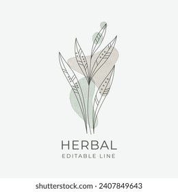 Diseño de línea editable herbal. Emblema herbario orgánico natural para cosméticos, farmacia, alimentos sanos. Ilustración del vector