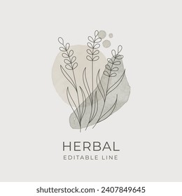 Diseño de línea editable herbal. Emblema herbario orgánico natural para cosméticos, farmacia, alimentos sanos. Ilustración del vector