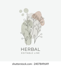 Diseño de línea editable herbal. Emblema herbario orgánico natural para cosméticos, farmacia, alimentos sanos. Ilustración del vector