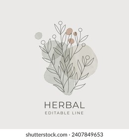 Diseño de línea editable herbal. Emblema herbario orgánico natural para cosméticos, farmacia, alimentos sanos. Ilustración del vector