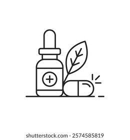 herbal essence icon like thin line pill and leaf. simple outline trend modern abstract vegan logotype graphic design element isolated on white. concept of flacon with herb sign or sustainable symbol