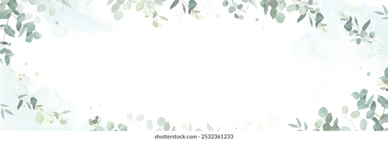 Kräuter Eukalyptus und Gold Vektor Banner Rahmen. Handgemalte Äste, Blätter auf weißem Hintergrund. Grüne Hochzeit einfache minimalistische Einladung. Aquarellkarte.Alle Elemente sind einzeln und editierbar