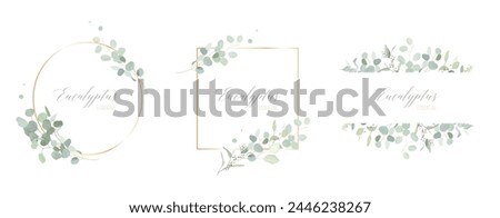 Herbal eucalyptus and gold vector frames. Hand painted branches, leaves on white backgrounds. Greenery wedding simple minimalist  invitations. Watercolor cards. All elements are isolated and editable