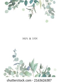 Herbal eucalyptus selection vector frame. Hand painted branches, leaves on white background. Greenery wedding simple minimalist  invitation. Watercolor style card. Elements are isolated and editable