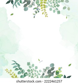 Herbal eucalyptus selection vector frame. Hand painted branches, leaves on white background. Greenery wedding simple minimalist invitation. Watercolor style card. Elements are isolated and editable