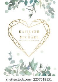 Herbal eucalyptus selection vector frame. Hand painted branches, leaves on white background. Greenery wedding simple minimalist invitation. Heart geometry card. Elements are isolated and editable