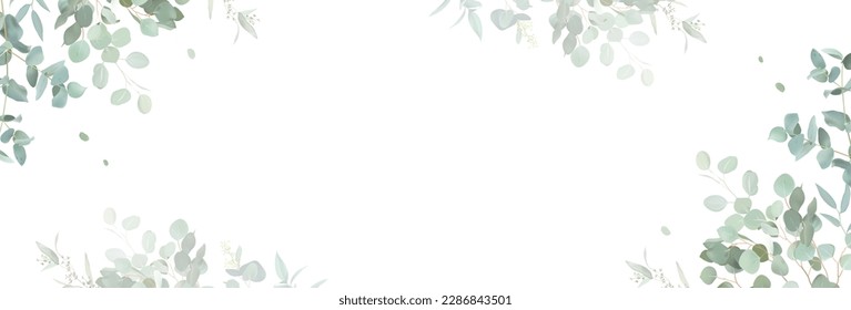 Herbal eucalyptus selection vector frame. Hand painted branches, leaves on white background. Greenery wedding simple minimalist invitation. Watercolor style card. Elements are isolated and editable