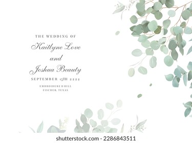 Herbal eucalyptus selection vector frame. Hand painted branches, leaves on white background. Greenery wedding simple minimalist invitation. Watercolor style card. Elements are isolated and editable