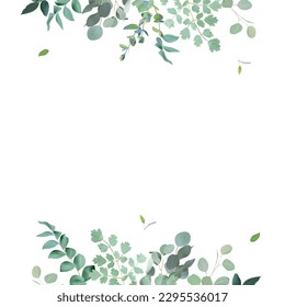 Herbal eucalyptus selection vector frame. Hand painted branches, leaves on white background. Greenery wedding simple minimalist  invitation. Watercolor style card. Elements are isolated and editable