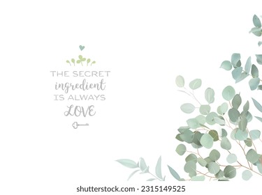 Herbal eucalyptus selection vector frame. Hand painted branches, leaves on white background. Greenery wedding simple minimalist invitation. Watercolor style card. Elements are isolated and editable