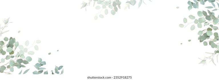 Marco vectorial de selección de eucalipto herbal. Ramas pintadas a mano, hojas sobre fondo blanco. Boda verde simple invitación minimalista. Tarjeta de estilo acuarela. Los elementos están aislados y se pueden editar