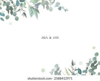 Herbal eucalyptus selection vector frame. Hand painted branches, leaves on white background. Greenery wedding simple minimalist  invitation. Watercolor style card. Elements are isolated and editable