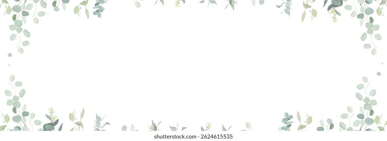 Herbal eucalyptus selection vector frame. Hand painted branches, leaves on white background. Greenery wedding simple minimalist  invitation. Watercolor style card. Elements are isolated and editable