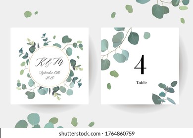 Herbal eucalyptus selection vector frames. Hand painted branches, leaves on white background. Greenery wedding simple minimalist  invitations. Watercolor style cards.Elements are isolated and editable