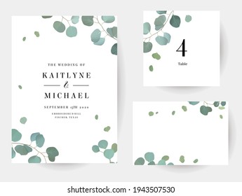 Herbal eucalyptus selection vector frames. Hand painted branches, leaves on white background. Greenery wedding simple minimalist  invitations. Watercolor style cards.Elements are isolated and editable