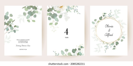 Herbal eucalyptus selection vector frames. Hand painted branches, leaves on white background. Greenery wedding simple minimalist  invitations. Watercolor style cards.Elements are isolated and editable