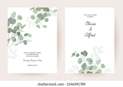 Herbal eucalyptus selection vector frames. Hand painted branches, leaves on white background. Greenery wedding simple minimalist  invitations. Watercolor style cards.Elements are isolated and editable