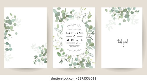 Herbal eucalyptus selection vector frames. Hand painted branches, leaves on white background. Greenery wedding simple minimalist  invitations. Watercolor style cards.Elements are isolated and editable