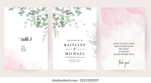 Herbal eucalyptus selection vector frames. Hand painted branches, leaves on white background. Greenery wedding simple minimalist  invitations. Watercolor style cards.Elements are isolated and editable