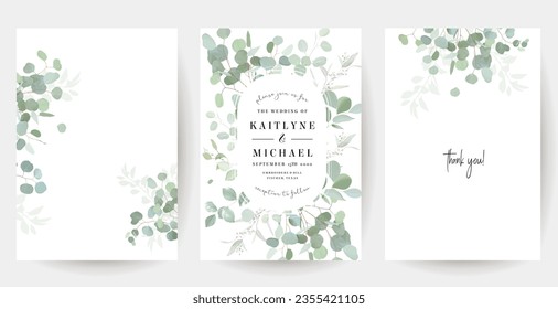 Herbal eucalyptus selection vector frames. Hand painted branches, leaves on white background. Greenery wedding simple minimalist invitations. Watercolor style cards. Elements are isolated and editable