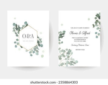 Herbal eucalyptus selection vector frames. Hand painted branches, leaves on white background. Greenery wedding simple minimalist  invitations. Watercolor style cards.Elements are isolated and editable