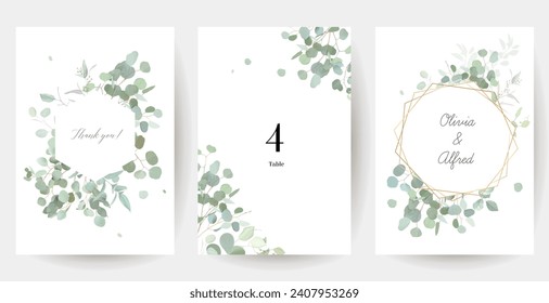 Herbal eucalyptus selection vector frames. Hand painted branches, leaves on white background. Greenery wedding simple minimalist invitations. Watercolor style cards. Elements are isolated and editable